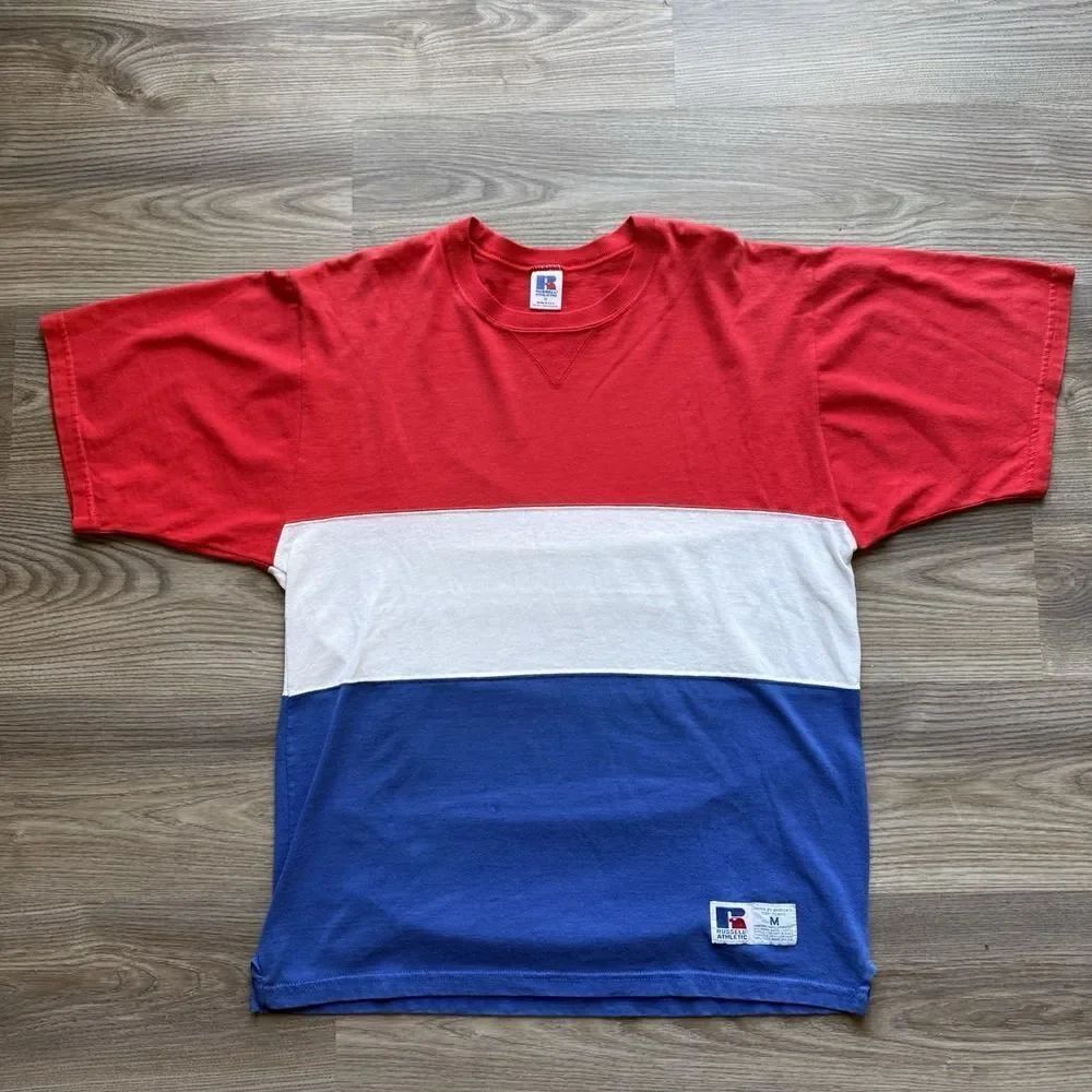 VTG 90s Russell Athletic T-Shirt Men's Large Tri Colorblock Tee Made In USA